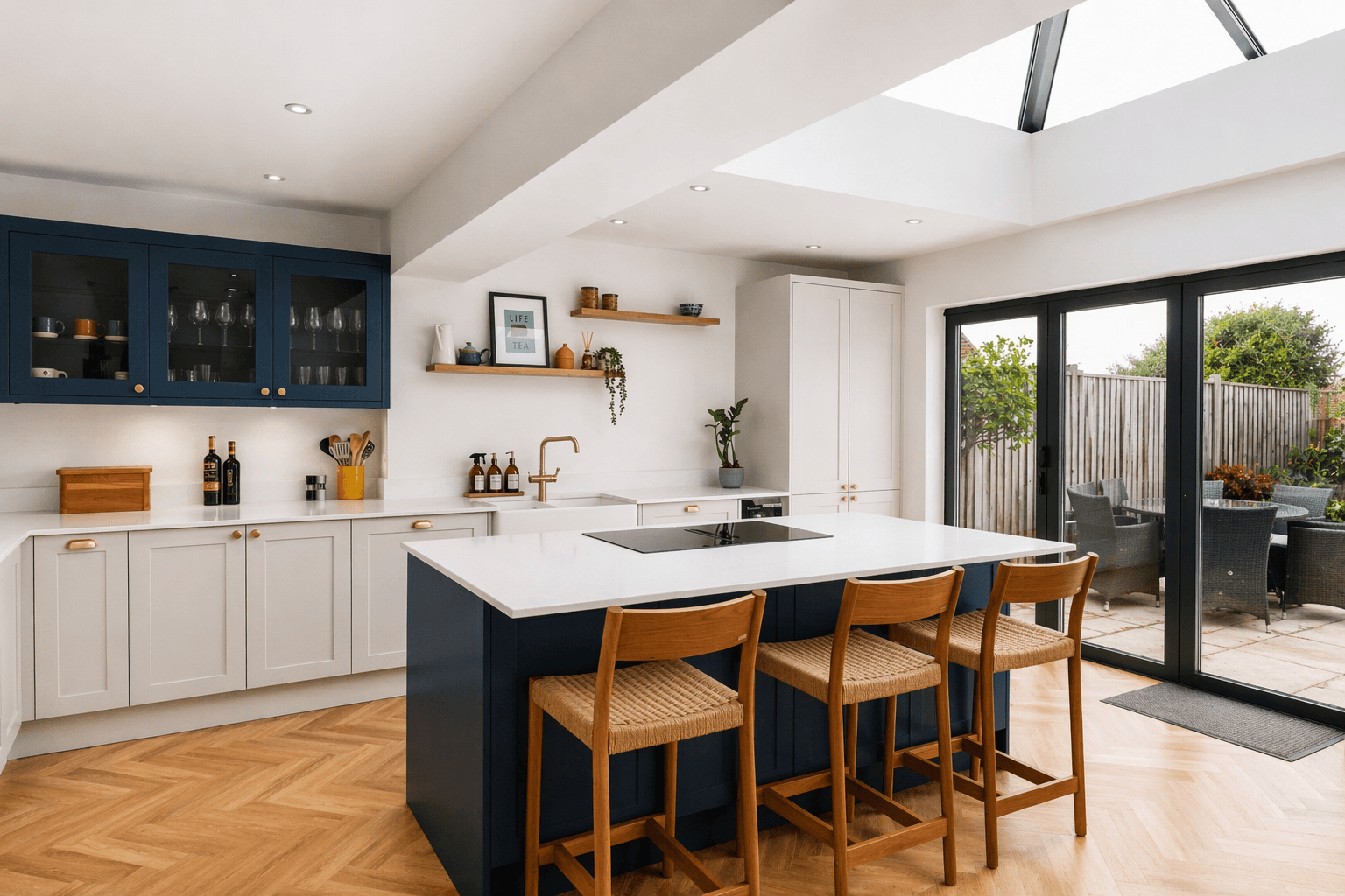 Modern navy fitted kitchen with quartz worktop by The Cabinet Door Shop, Hove