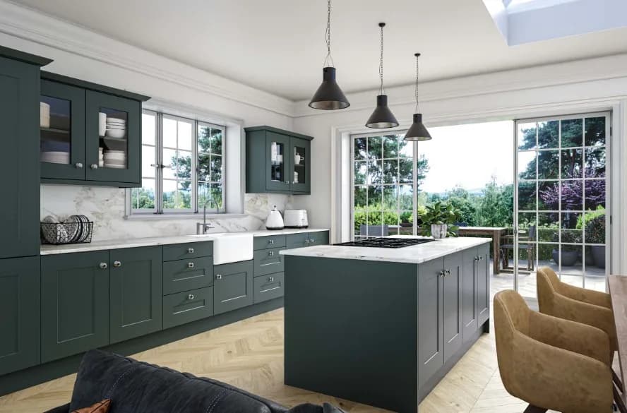 Bella dark green shaker kitchen by The Cabinet Door Shop