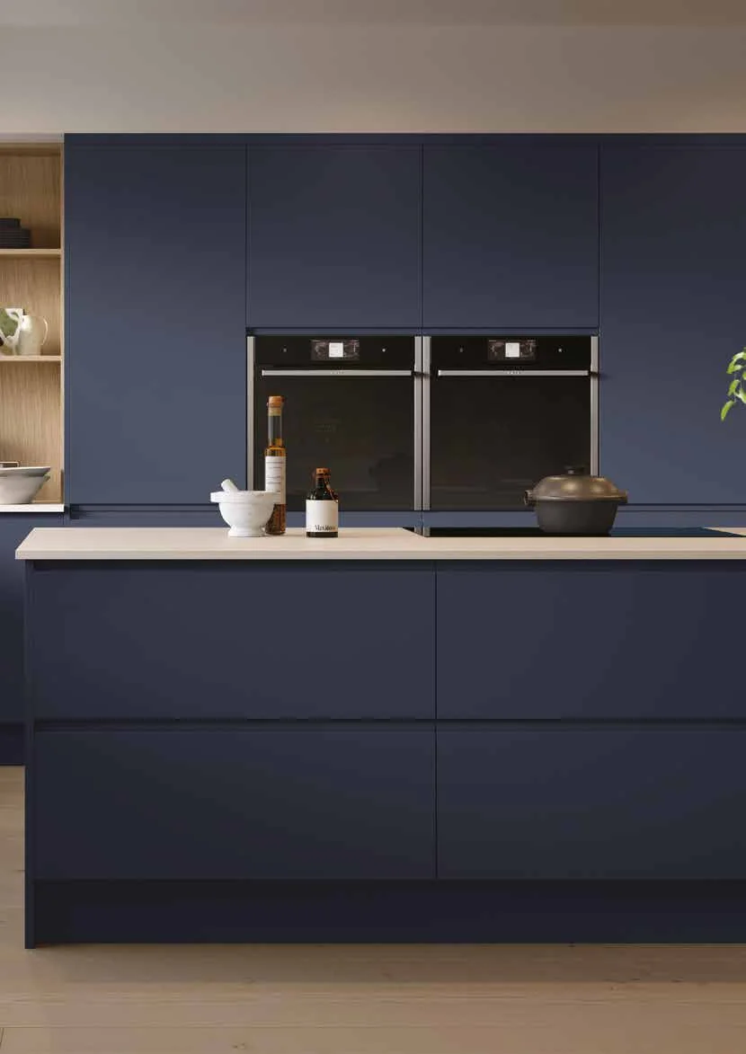 Jayline Indigo Blue J-pull handleless kitchen by The Cabinet Door Shop