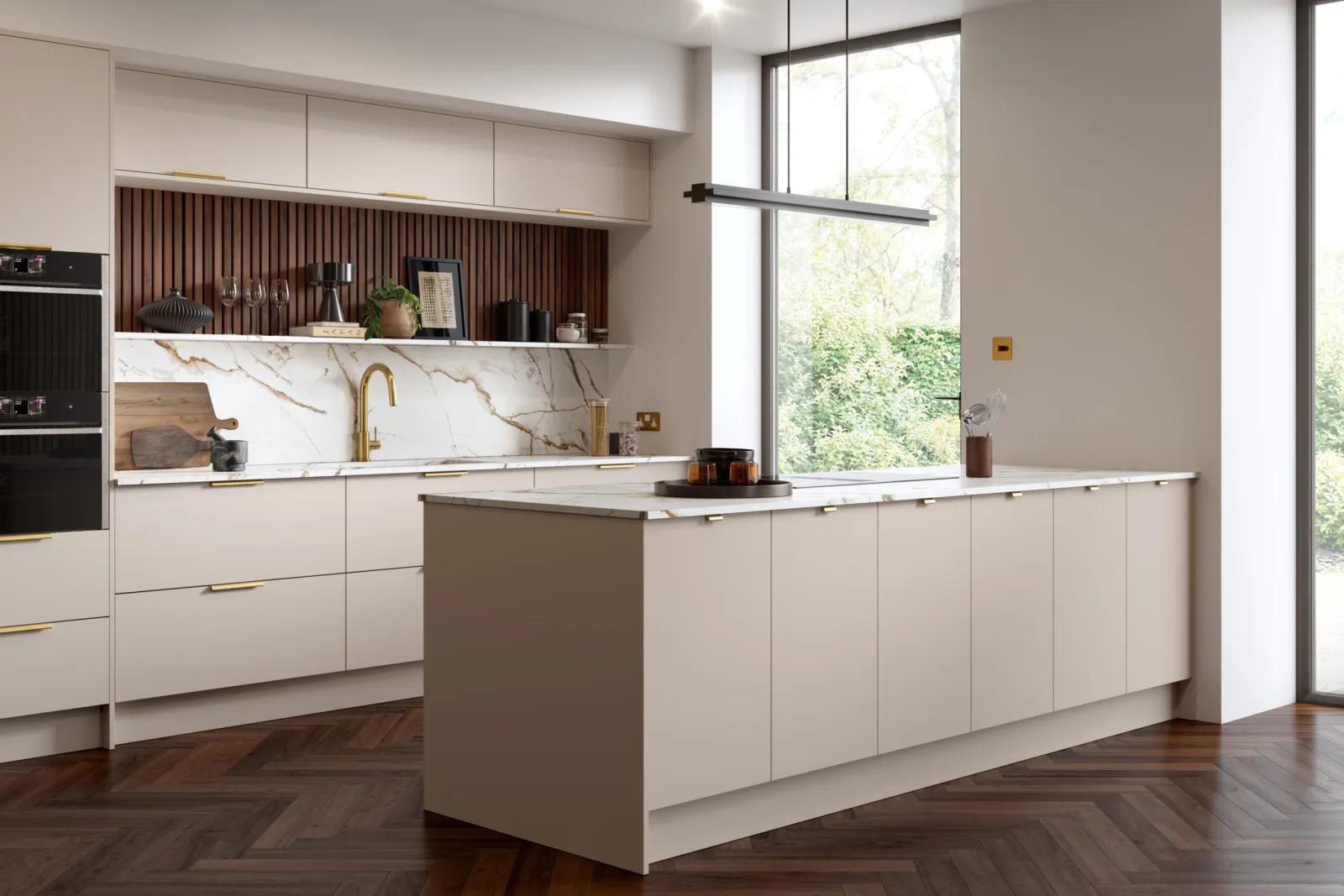 Ora Supermatt Cashmere slab kitchen fitted by The Cabinet Door Shop