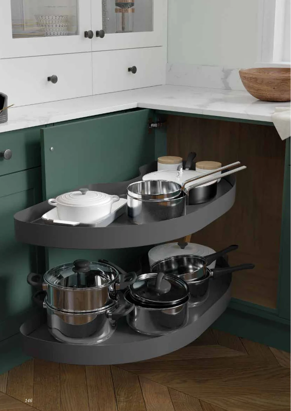 Magic-corner pull-out storage in a fitted kitchen
