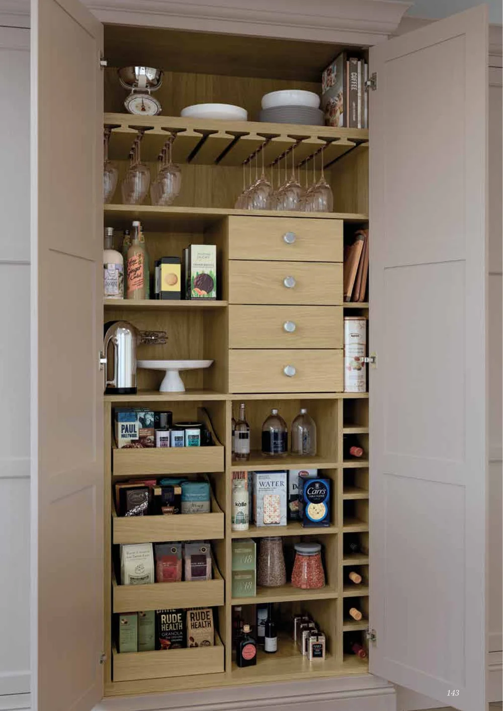 Solid oak larder unit with wine glass holders and dovetailed drawers