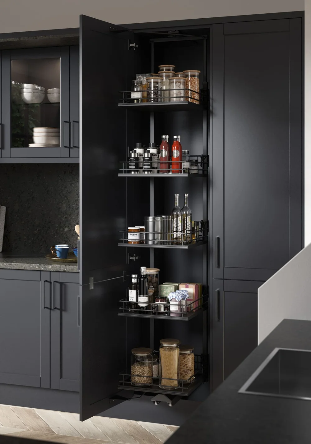 Full-height pull-out larder in a fitted kitchen