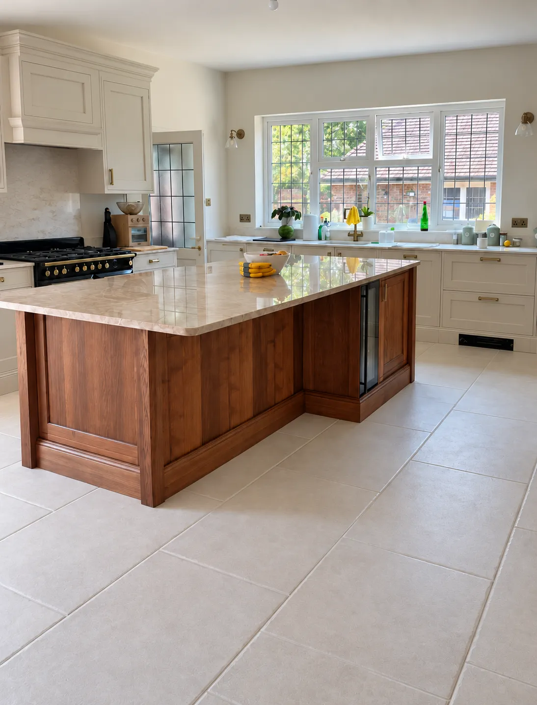 Finished kitchen in Southwick Green with Winslow shaker doors painted in Shell and a stained wood island with a quartz worktop