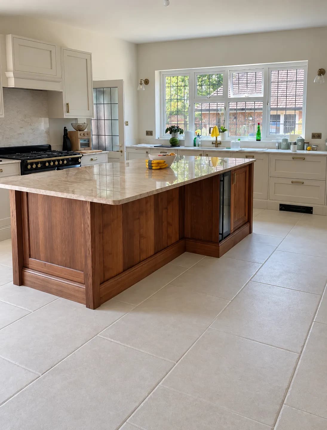 Finished kitchen in Southwick Green with Winslow shaker doors painted in Shell and a stained wood island with a quartz worktop
